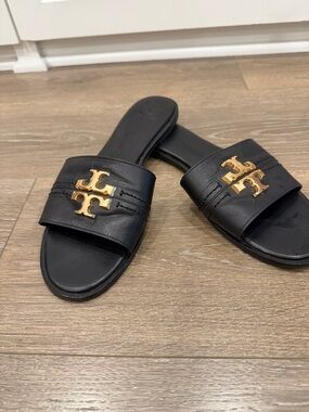 Tory Burch Black Leather Slide Sandals with Gold Double-T Emblem